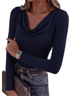 Women's Cowl Neck Long Sleeve Top, Ruched Slim Fit, Soft Stretchy Cotton Blend
